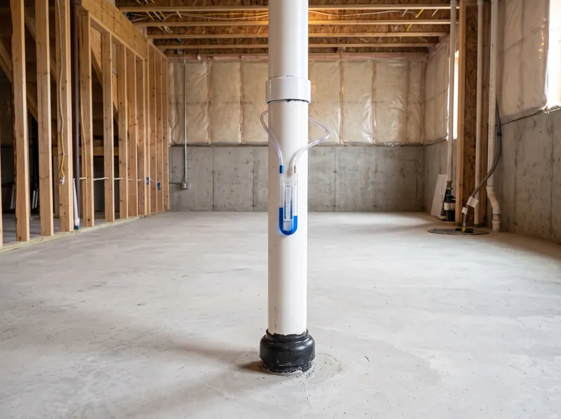 Radon mitigation pipe and fan running from a basement slab